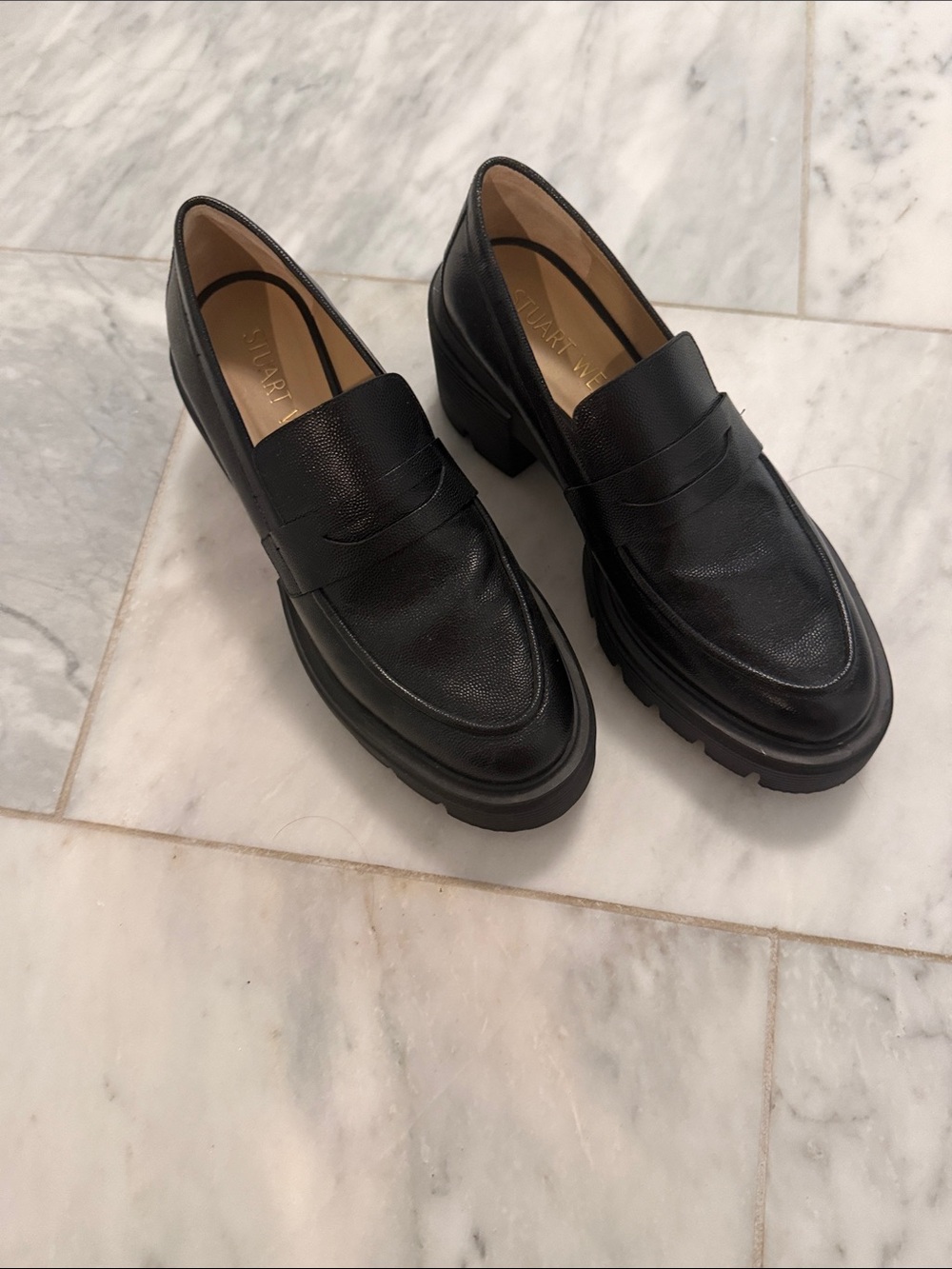 Stuart Weitzman Black Leather Lug Sole Penny Loafers